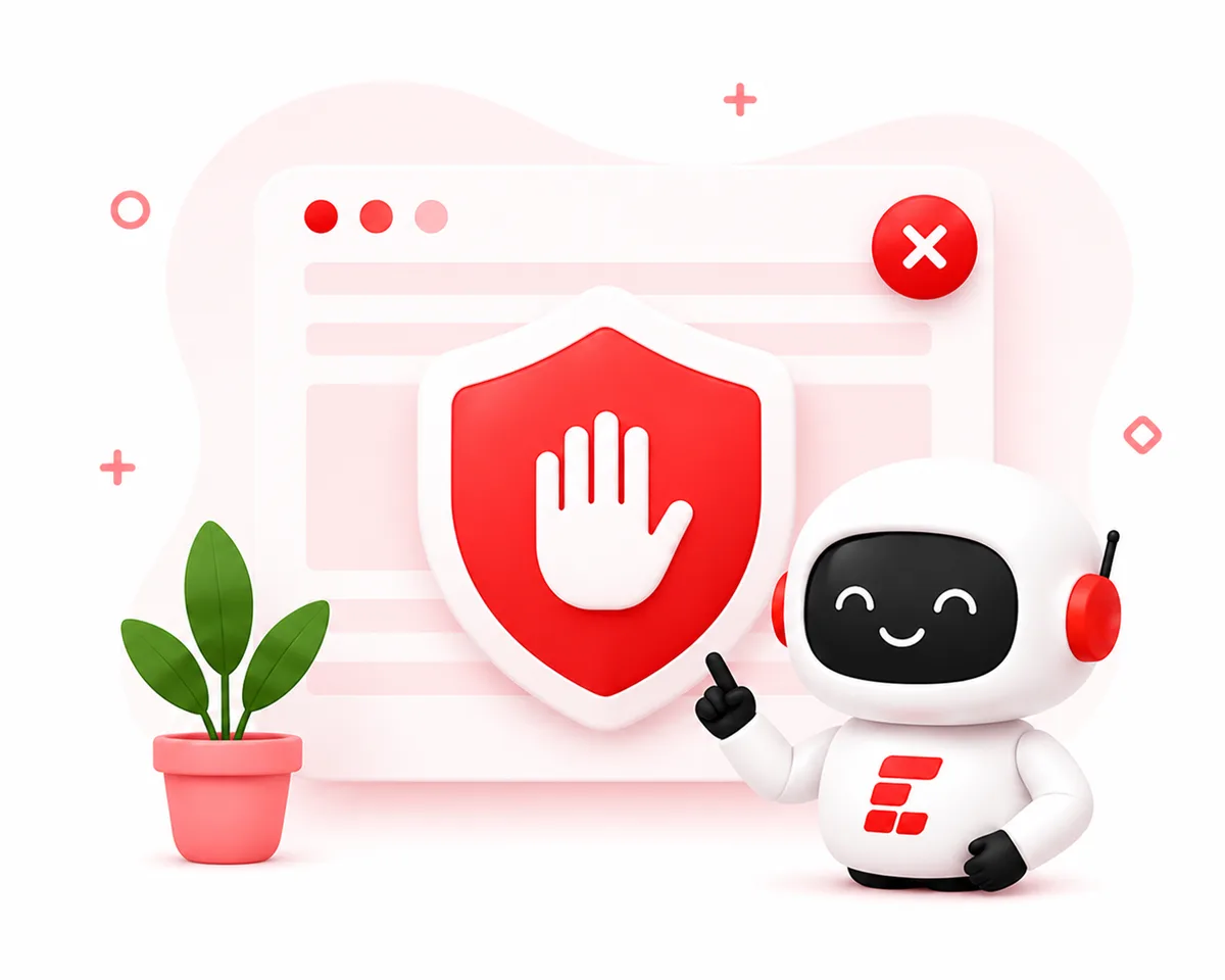 Invitation Buddy robot mascot pointing at a browser window where the ad-blocker shield is being switched off